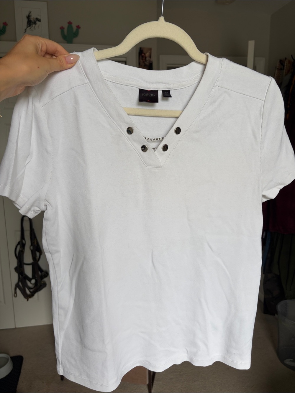 Rafaella White V-Neck Snap Front Tee
